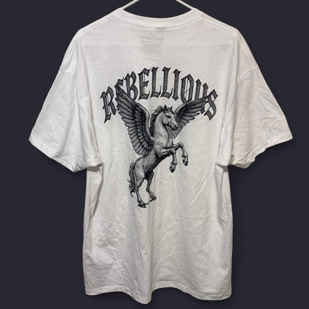Rebellious Unicorn Pegasus Horse Graphic Black White Short Sleeve T-Shirt